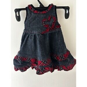 The Children’s Place Dress 6-9M Denim Plaid Ruffle Heart Holiday Baby Girl Flaw